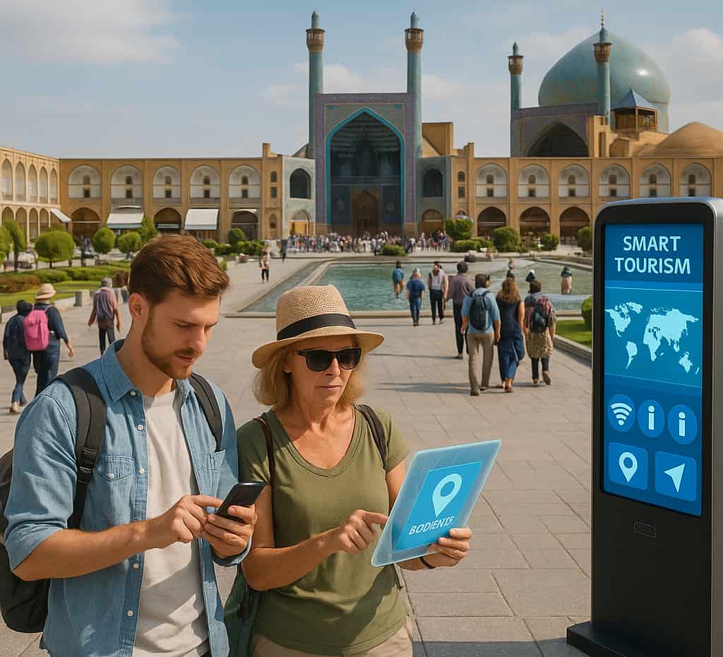 نمای هوشمند از میدان نقش جهان با عناصر فناوری و راهنمای گردشگران